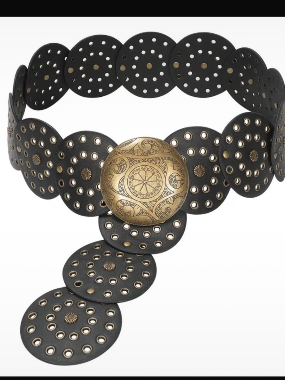 Black Concho Belt with Gold Medallion Buckle